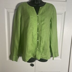 Liz Claiborne Linen Shirt Women M Green Button Up Long Sleeve Lightweight Blouse